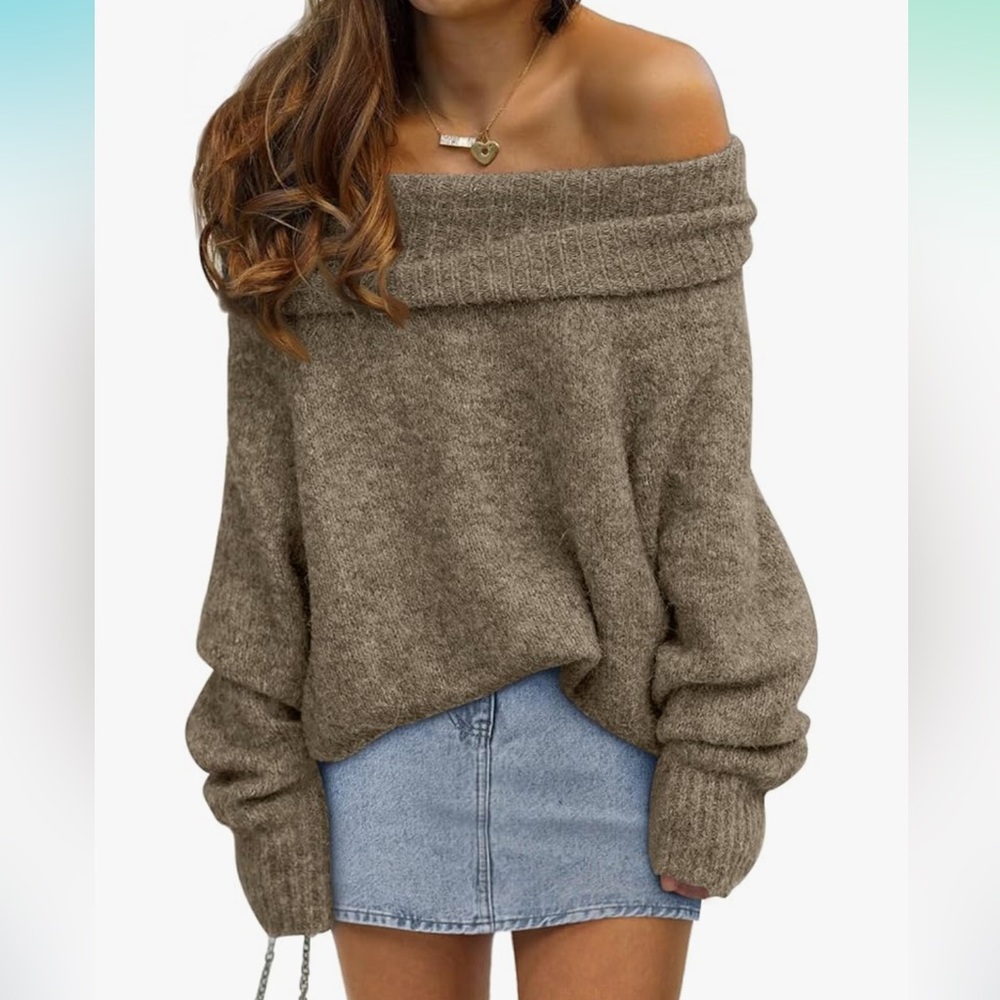 NEW - LILLUSORY Womens Off The Shoulder Oversized Sweater, Coffee, XL